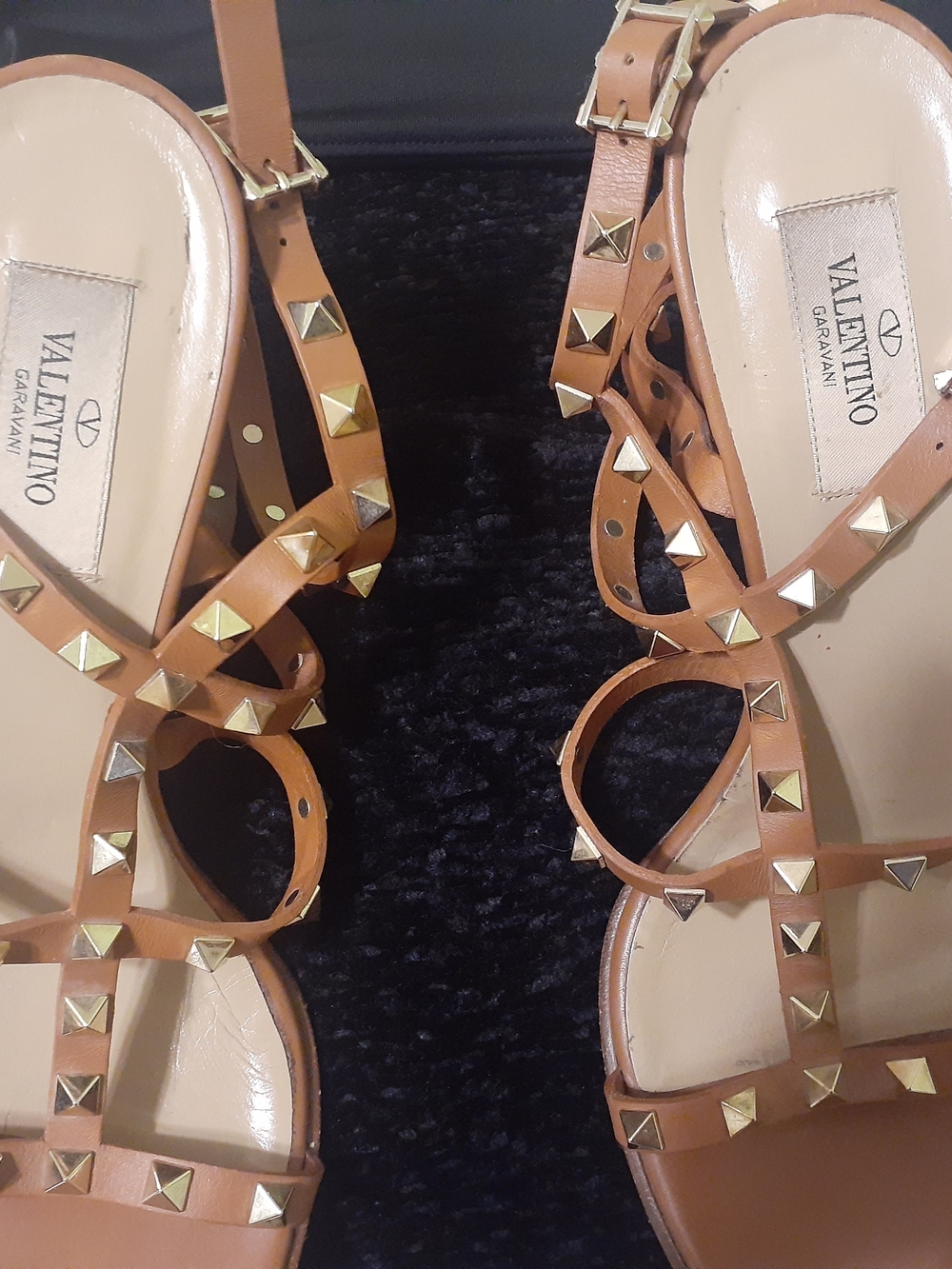 Valentino Garavani Tan Leather Pyramid-Stud Sandals- Heels